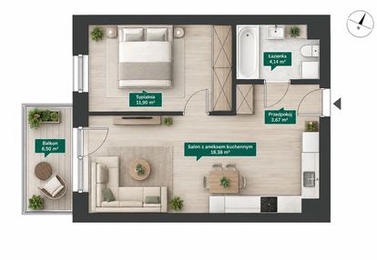 38 m2 2 pokoje | balkon | zachód | prądnik biały