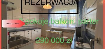 3 pokoje,parter,balkon,63m,do remontu,cena .