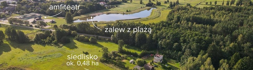 Siedlisko: 2 domy, budynki gospodarcze, staw