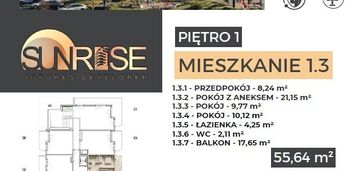 Sunrise park | mieszkanie nr 1.3 | 3 pokoje 55,64 m2 + balkon |
