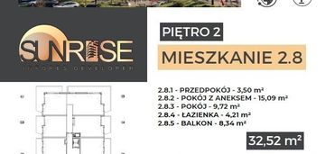 Sunrise park | mieszkanie nr 2.8 | 2 pokoje 32,52 m2 + balkon |