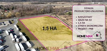 Działka prod-usług. 1,5 ha, media, projekt, pnb