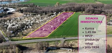 Działka inwestycyjna 1,45 ha w kunicach przy dk94