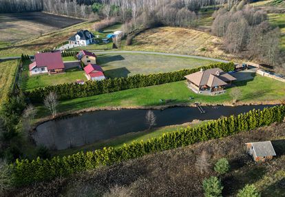 Dom z pełnego bala z zarybionym stawem