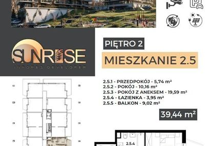 Sunrise park | mieszkanie nr 2.5 | 2 pokoje 39,43 m2 + balkon |