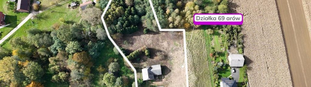Działka 69 arów z zabudowaniami i lasem – czułówek