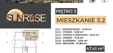 Sunrise park | mieszkanie nr 3.2 | 3 pokoje 47,42 m2 + balkon |