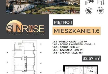 Sunrise park | mieszkanie nr 1.6 | 2 pokoje 32,56 m2 + balkon |