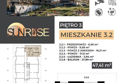 Sunrise park | mieszkanie nr 3.2 | 3 pokoje 47,42 m2 + balkon |
