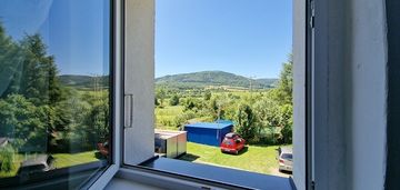 Ogródek, garaż, zieleń, górski widok