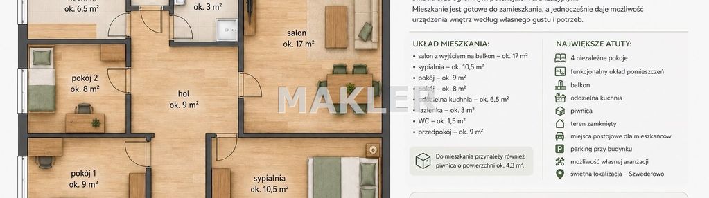 4 pokoje | balkon | 65 m² | szwederowo