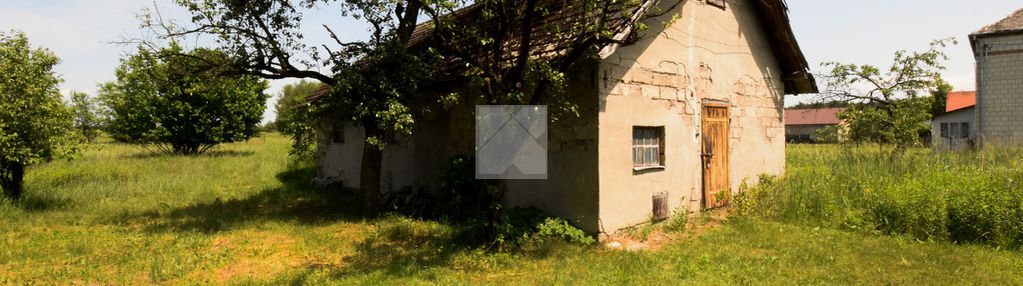 Duża działka z drewnianym domkiem i budynkiem gosp
