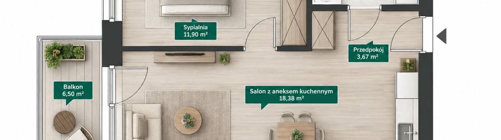 38 m2 2 pokoje | balkon | zachód | prądnik biały