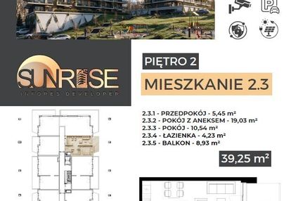 Sunrise park | mieszkanie nr 2.3 | 2 pokoje 39,25 m2 + balkon |