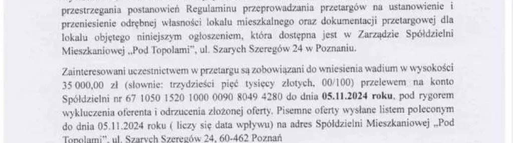 Pisemny przetarg ofertowy mieszkanie Podolany 37 m