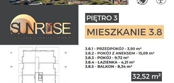 Sunrise park | mieszkanie nr 3.8 | 2 pokoje 32,52 m2 + balkon |