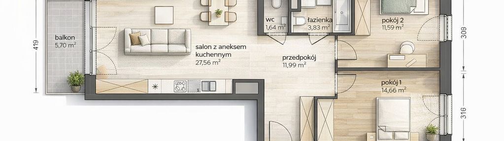 Brynów 3 pokoje odbiór marzec salon 28m