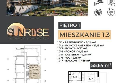 Sunrise park | mieszkanie nr 1.3 | 3 pokoje 55,64 m2 + balkon |