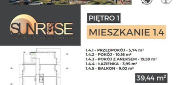 Sunrise park | mieszkanie nr 1.4 | 2 pokoje 39,43 m2 + balkon |